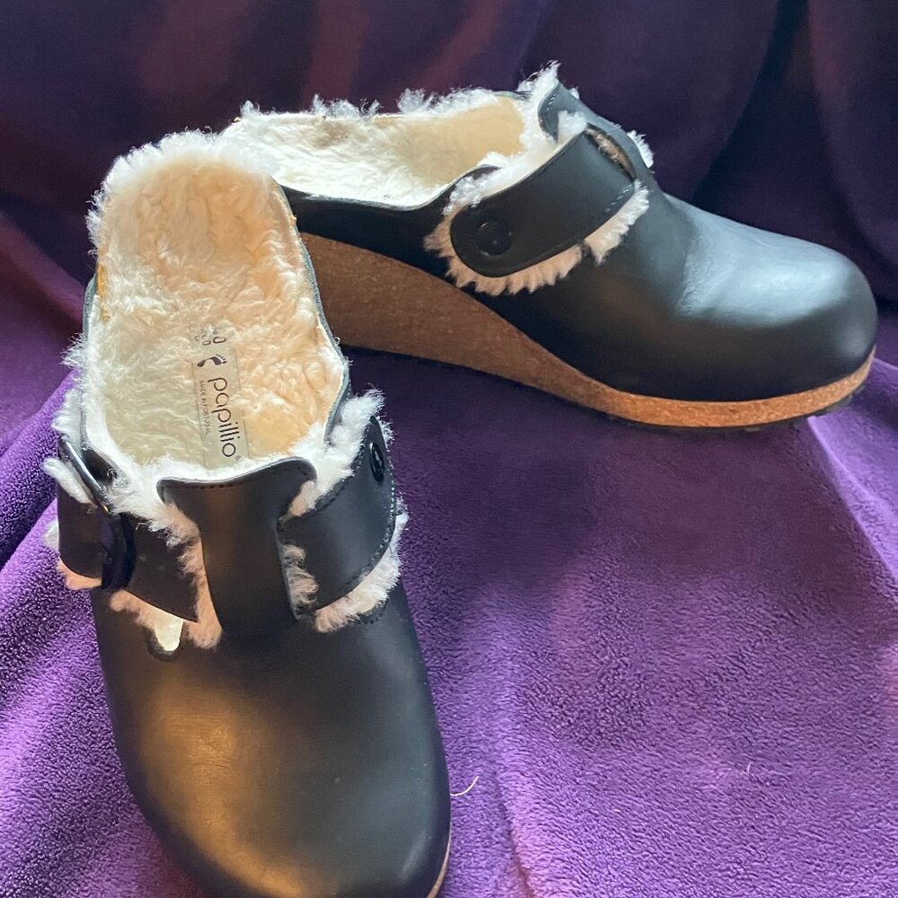 Birkenstock Papillio shearling clogs, wedge heel